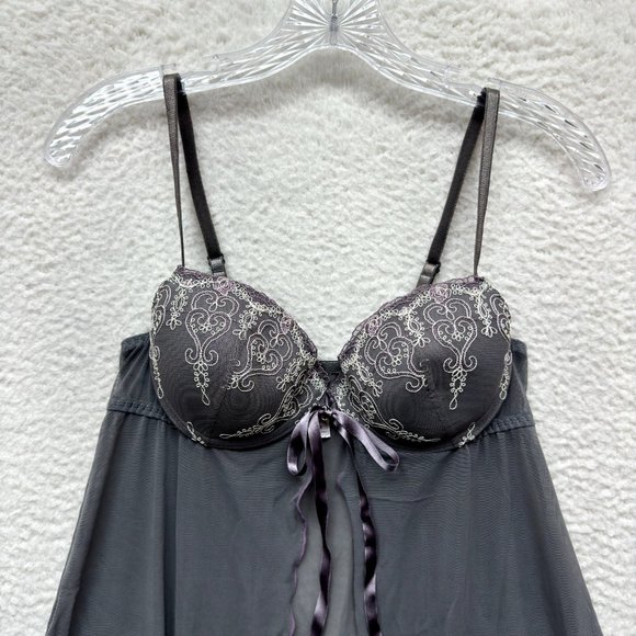 Inner Secrets Cami Camisole Slip Lingerie M Medium Grey Sheer Mesh Padded Bow - Picture 3 of 10